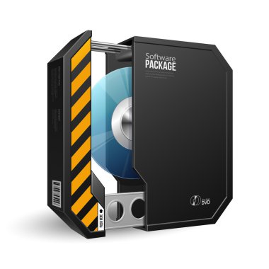 Dvd veya Cd Disk ürün için açılan Octagon Modern siyah yazılım paketi kutusuyla.