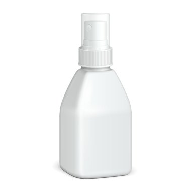 Kozmetik parfüm, Deodorant, temizleyici veya tıbbi antiseptik uyuşturucu kare plastik şişe beyaz sprey. Tasarımınız için hazır.