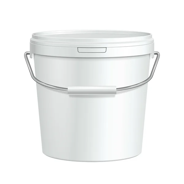 金属製のハンドルの背の高い白い浴槽塗料プラスチックのバケツ容器を開きます。石膏、パテ、トナー。あなたの設計の準備. — ストックベクタ