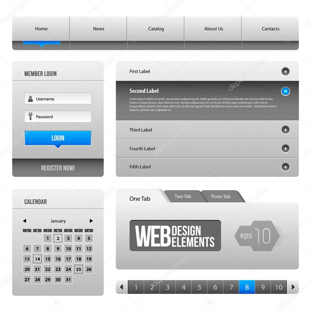 Modern Clean Website Design Elements Grey Blue Gray 3: Buttons, Form, Slider, Scroll, Carousel, Icons, Menu, Navigation Bar