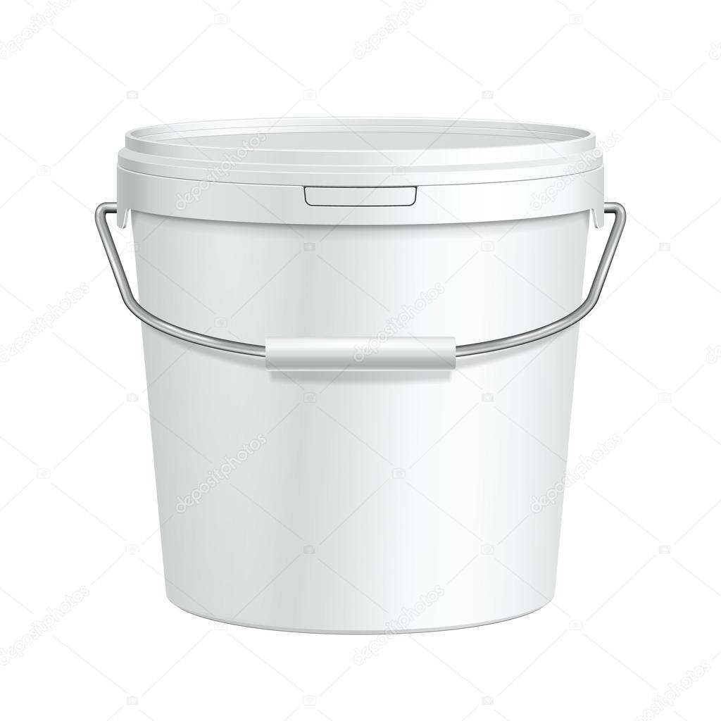 Opened Tall White Tub Paint Plastic Bucket Container With Metal Handle. Plaster, Putty, Toner. Ready For Your Design.