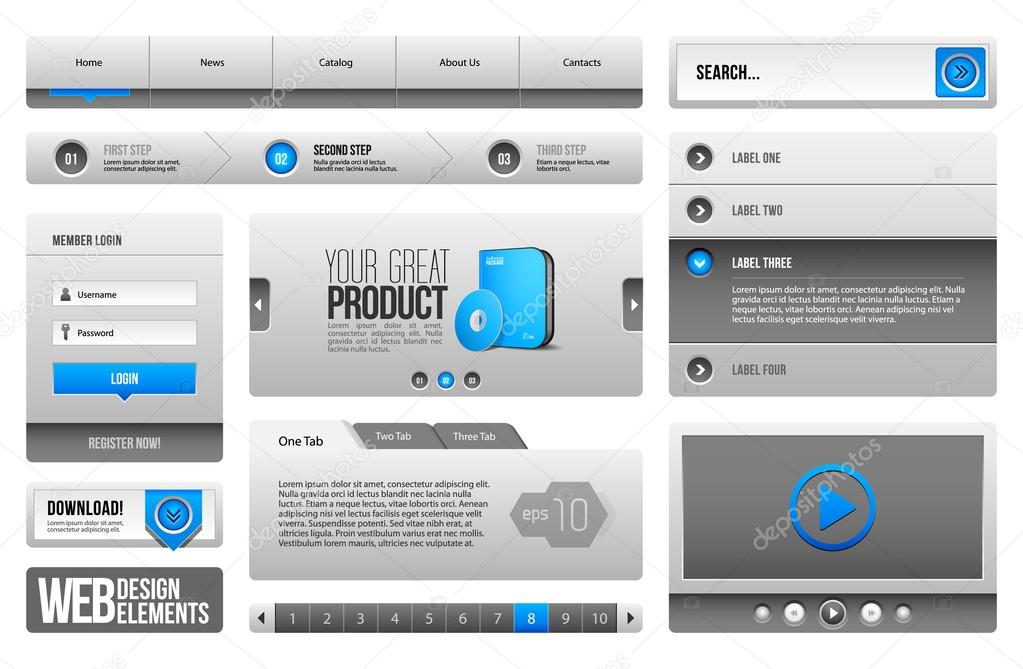Modern Clean Website Design Elements Grey Blue Gray: Buttons, Form, Slider, Scroll, Carousel, Icons, Tab, Menu