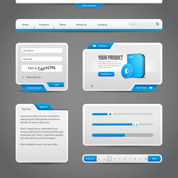 Web UI Controls Elements Gray And Blue On Dark Background: Navigation Bar, Buttons, Form, Slider, Message Box, Menu, Tabs — Stock Vector