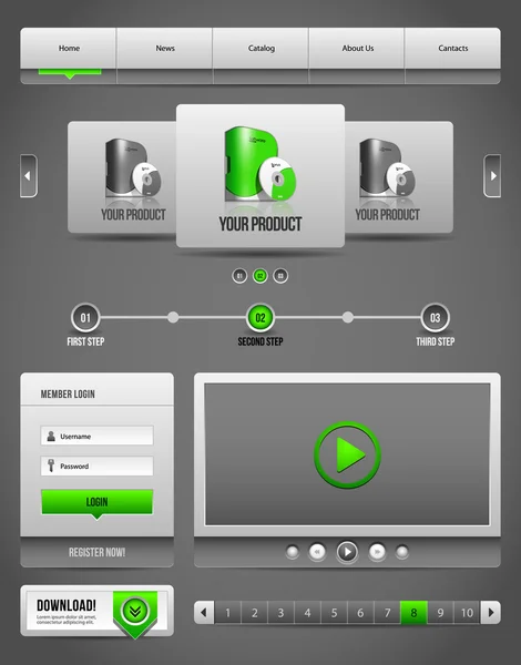 Elementos modernos de diseño de sitios web limpios Gris Gris Verde 2: Botones, Forma, Deslizador, Desplazamiento, Carrusel, Iconos, Menú, Barra de navegación — Vector de stock