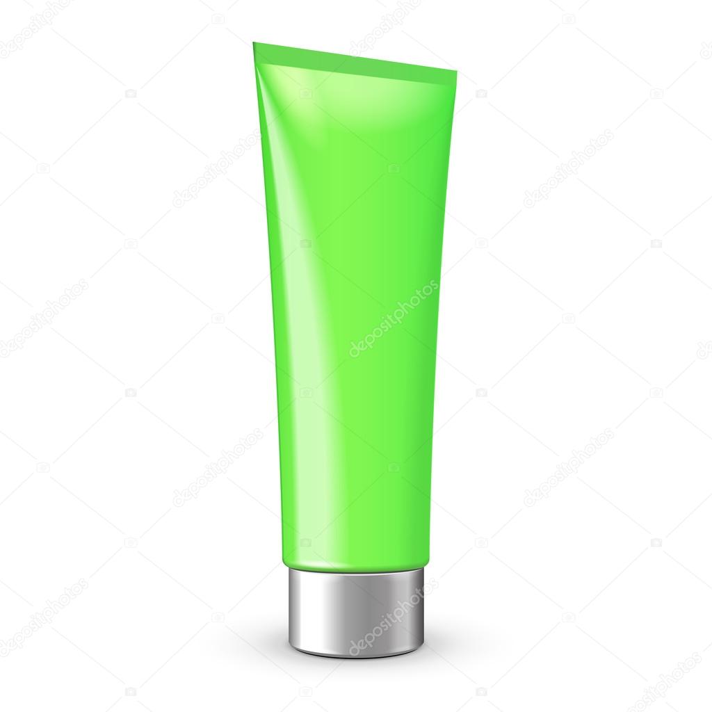 Tube Of Cream Or Gel Green Clean With Gray Silver Chrome Lid. Ready For Your Design. Product Packing