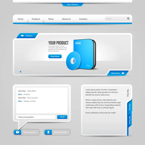 Web Ui 控件元素灰色和蓝色灰色背景: 导航栏、 按钮、 滑块，消息框中，分页 — 图库矢量图片