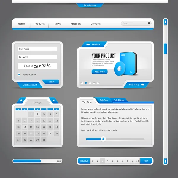 Web UI controla elementos cinza e azul no fundo escuro: barra de navegação, botões, controle deslizante, caixa de mensagem, paginação — Vetor de Stock