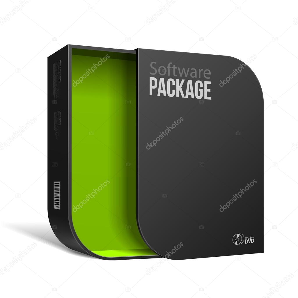 Opened Modern Black Software Package Box With Rounded Corners Green Inside. With DVD Or CD Disk For Your Product. 