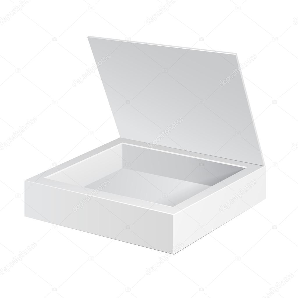 Opened White Cardboard Package Box. Gift Candy. On White Background Isolated. Ready For Your Design. Product Packing