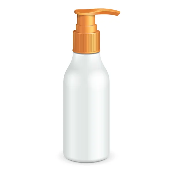 Plastic Clean White Bottle with Yellow Dispenser Pump. Гель для душа, жидкое мыло, лосьон, крем, шампунь, пена для ванны . — стоковый вектор