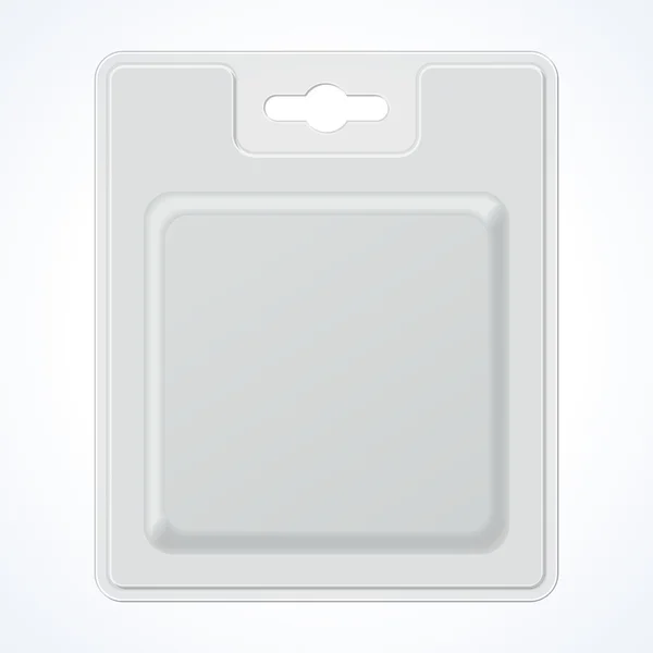 Blister transparente cuadrado plástico con ranura para colgar, paquete de producto. Ilustración aislada sobre fondo blanco . — Vector de stock