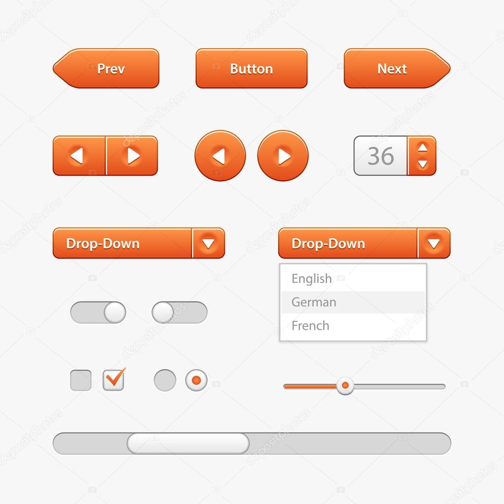 Orange Light User Interface Controls. Web Elements. Website, Software UI: Buttons, Switchers, Slider, Arrows, Drop-down