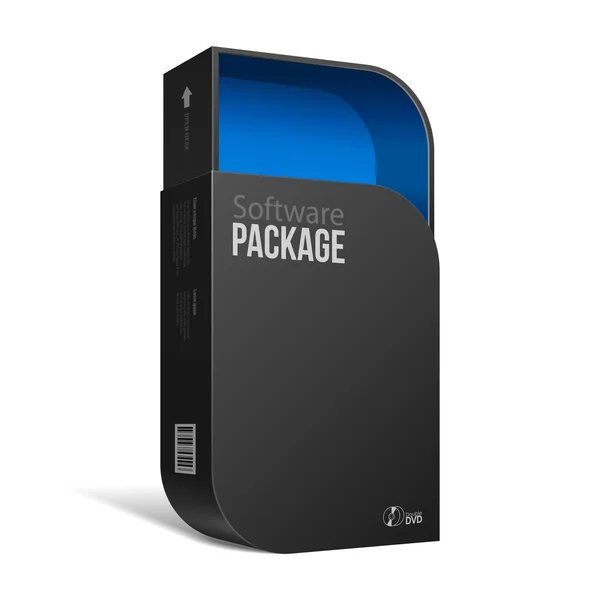 Caixa de pacote de software preto moderno aberto com cantos arredondados azul para dentro. Com DVD ou CD Disk para o seu produto . — Vetor de Stock