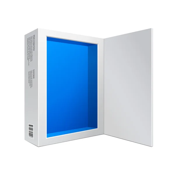 Caixa moderna branca aberta do pacote de software azul para dentro para DVD, CD Disk ou outro seu produto — Vetor de Stock