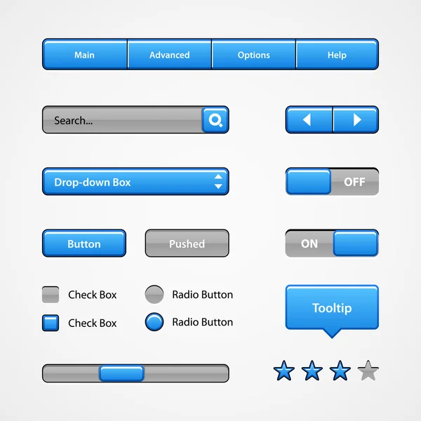 Controles de interfaz de usuario Clean Light Blue. Elementos Web. Sitio web, interfaz de usuario de software: Botones, Conmutadores, Control deslizante, Flechas, desplegable — Vector de stock