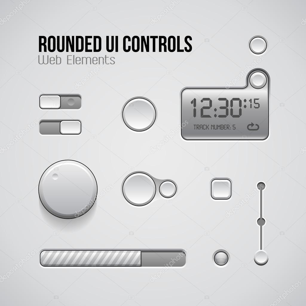 Web UI Controls Design Elements: Buttons, Switchers, On, Off, Player, Audio, Video: Play, Stop, Pause, Volume, Equalizer, Knobs