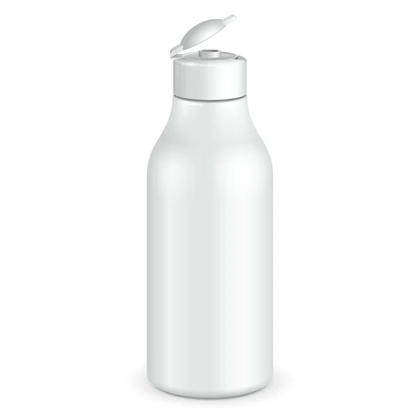 Botella de plástico blanco de escala de grises de higiene o cosmética abierta de gel, jabón líquido, loción, crema, champú. Listo para su diseño . — Archivo Imágenes Vectoriales