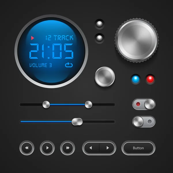 Hi-End User Interface Elements: Buttons, Switchers, On, Off, Player, Audio, Video: Play, Stop, Next, Pause, Volume — Stock Vector