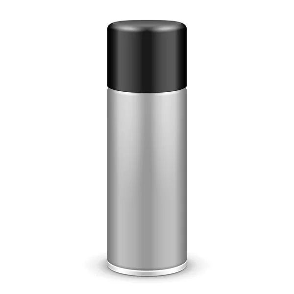 La bottiglia grigia del metallo dello spruzzo dell'aerosol può con il coperchio Cap: Pittura, graffiti, deodorante — Vettoriale Stock