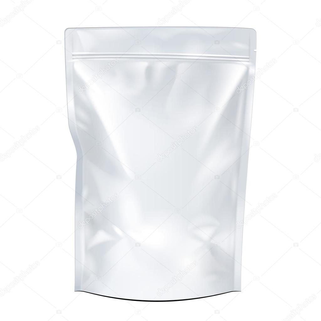 White Mock Up Blank Foil Food Or Drink Doypack Bag Packaging. Plastic Pack Template Ready For Your Design.