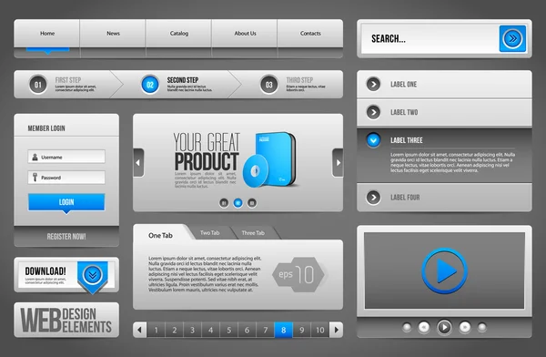 Moderne saubere Website-Design-Elemente grau blau grau: Tasten, Formular, Schieberegler, Scroll, Karussell, Symbole — Stockvektor
