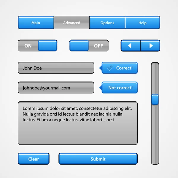 Controles de interfaz de usuario Clean Blue. Elementos Web. Sitio web, interfaz de usuario de software: Botones, Conmutadores, Control deslizante, Flechas, desplegable — Vector de stock