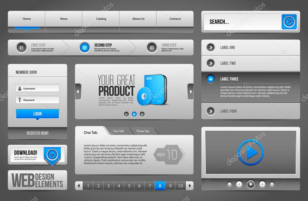 Modern Clean Website Design Elements Grey Blue Gray: Buttons, Form, Slider, Scroll, Carousel, Icons