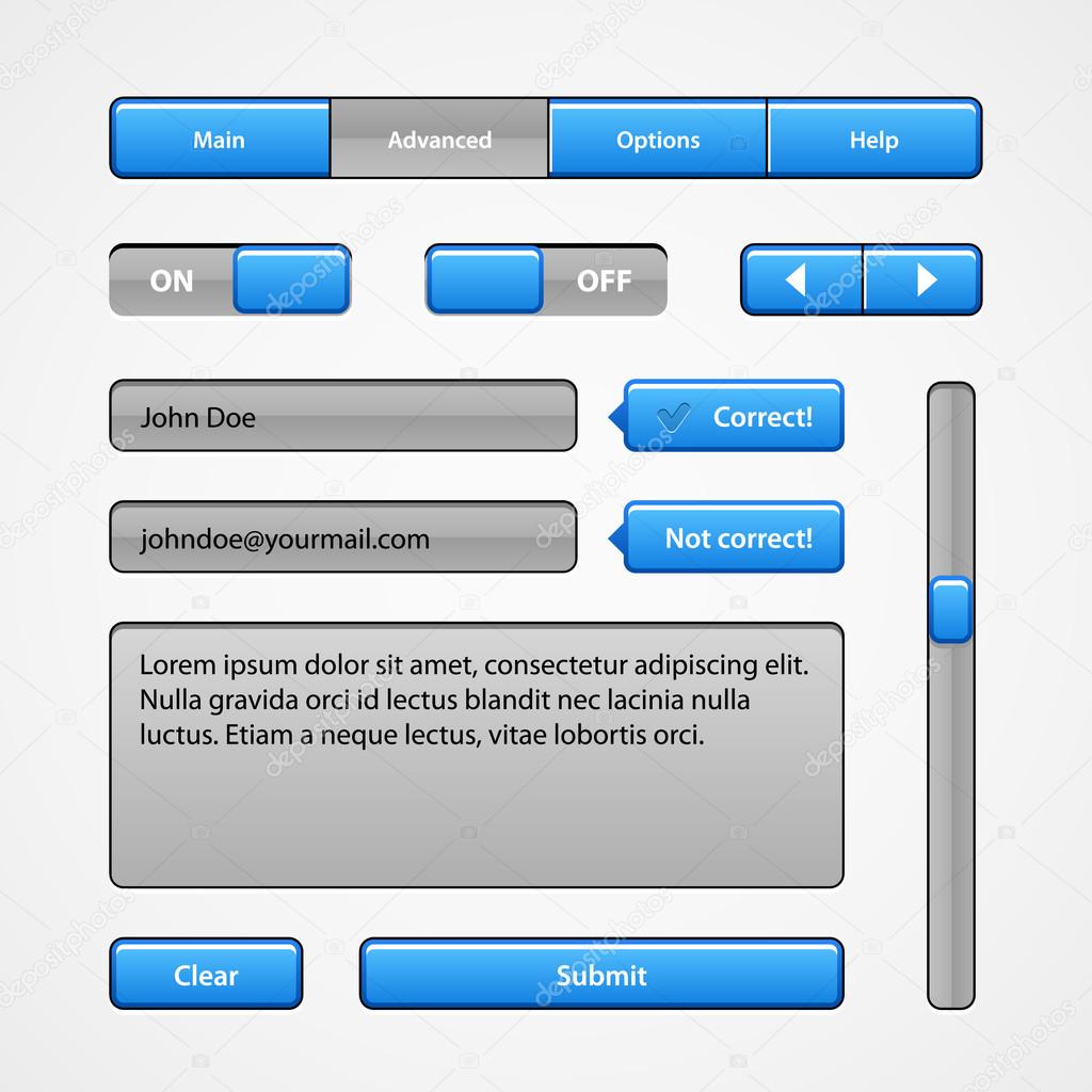 Clean Blue User Interface Controls. Web Elements. Website, Software UI: Buttons, Switchers, Slider, Arrows, Drop-down