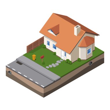 Yazlık, küçük ahşap ev Emlak broşür veya Web simgesi. Yard, çit, toprak ile. İzometrik vektör Eps10