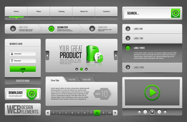 Moderní čistý Web Design prvky šedý zelená šedo: Tlačítka formuláře, jezdec, Scroll, kolotoč Stock Vektory