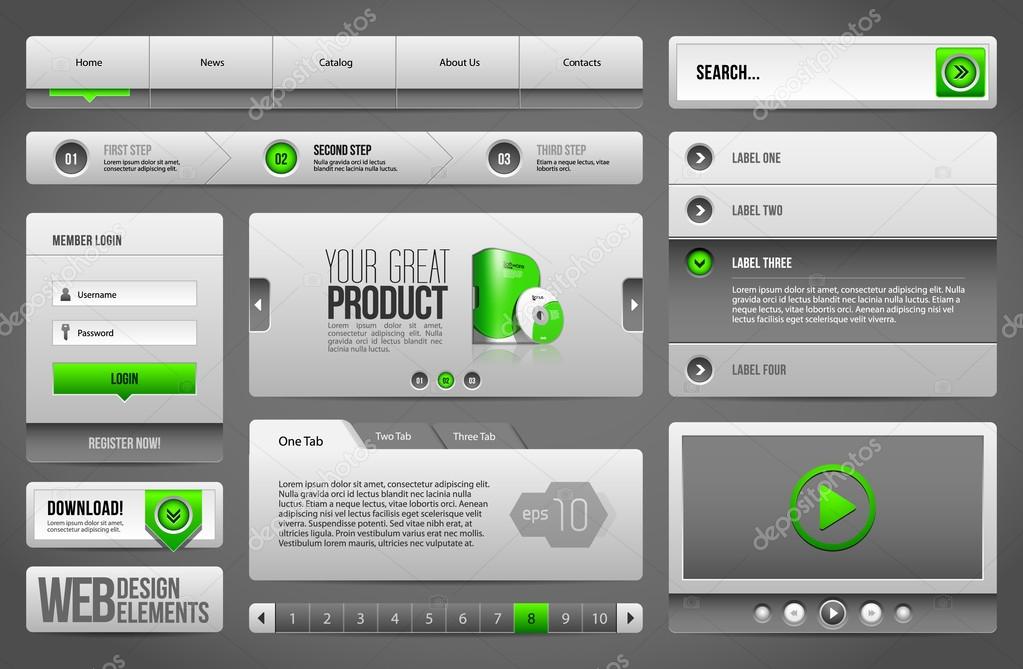 Modern Clean Website Design Elements Grey Green Gray: Buttons, Form, Slider, Scroll, Carousel
