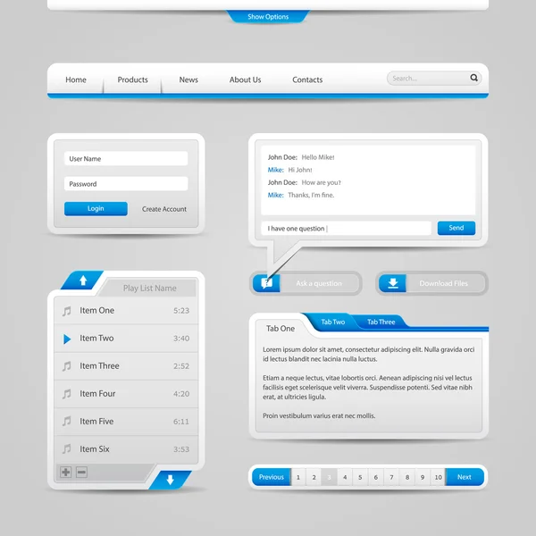 Web ui steuert Elemente grau und blau auf hellem Hintergrund: Navigationsleiste, Tasten, Formular, Schieberegler, Nachrichtenfeld, Menü, Registerkarten, Suche — Stockvektor