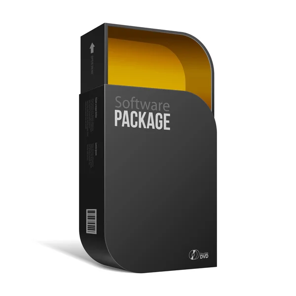 Boîte ouverte moderne de paquet de logiciel noir avec des coins arrondis orange jaune à l'intérieur. Avec DVD ou CD Disk pour votre produit . — Image vectorielle