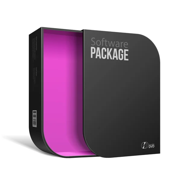 Abrió la caja moderna del paquete del software negro con las esquinas redondeadas violeta rosada dentro. Con DVD o CD Disco para su producto . — Vector de stock