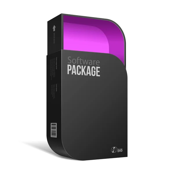 Abrió la caja moderna del paquete del software negro con las esquinas redondeadas violeta rosada dentro. Con DVD o CD Disco para su producto . — Archivo Imágenes Vectoriales