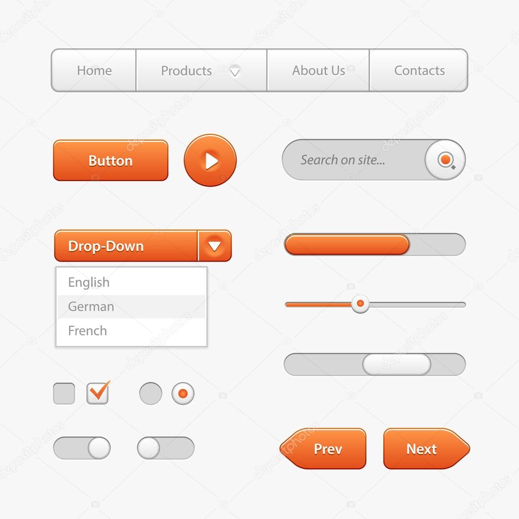 Orange Light User Interface Controls. Web Elements. Website, Software UI: Buttons, Switchers, Slider, Arrows, Drop-down