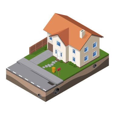 Yazlık, küçük ahşap ev Emlak broşür veya Web simgesi. Yard, çit, toprak ile. İzometrik vektör Eps10