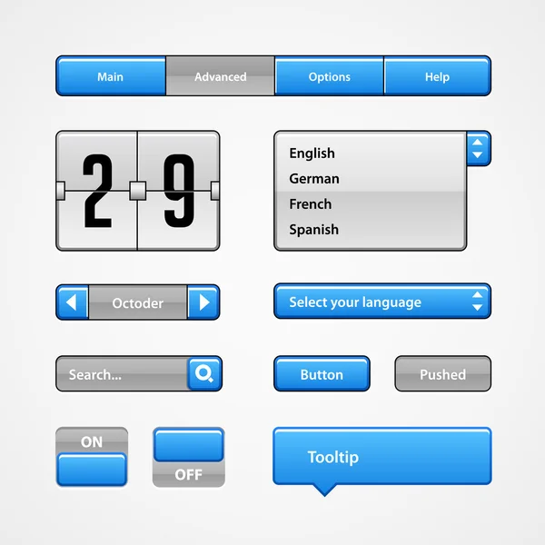 Saubere hellblaue Bedienelemente. Webelemente. Website, Software ui: Tasten, Schalter, Pfeile, Drop-Down — Stockvektor