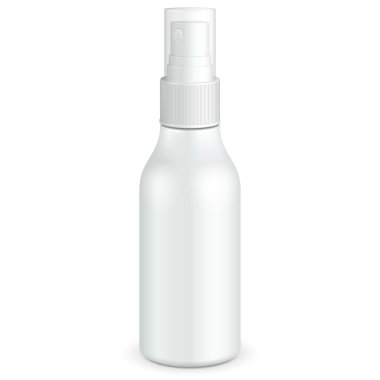 Kozmetik parfüm spreyi, deodorant, ferahlatıcı veya tıbbi antiseptik ilaç plastik şişe beyazı. Tasarımınız İçin Hazır.