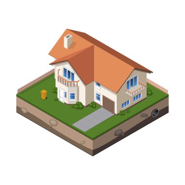 Yazlık, küçük ahşap ev Emlak broşür veya Web simgesi. Yard, çit, toprak ile. İzometrik vektör Eps10