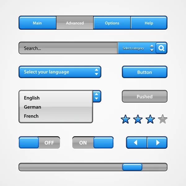 Controlli di interfaccia utente blu chiaro pulito. Elementi web. Sito Web, interfaccia utente del software: pulsanti, interruttori, cursore, frecce, discesa — Vettoriale Stock