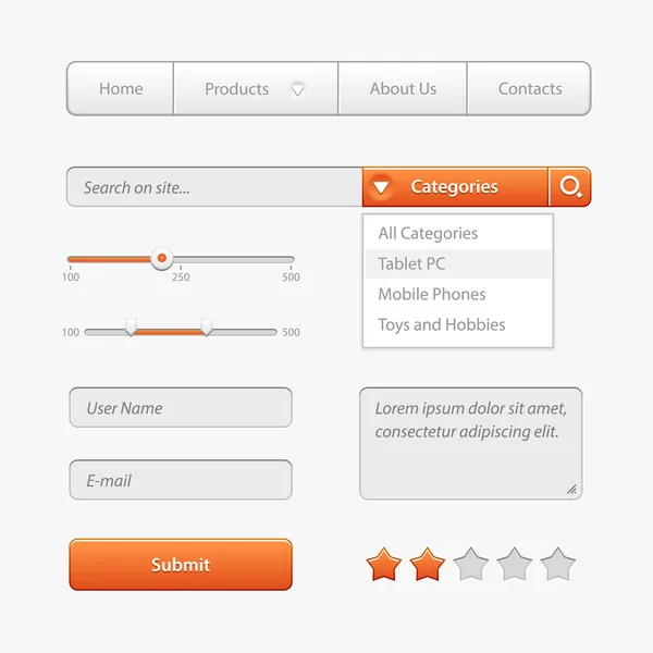 Bedienelemente für die Benutzeroberfläche von Orange Light. Webelemente. Website, Software ui: Tasten, Schalter, Schieberegler, Pfeile, Drop-Down — Stockvektor