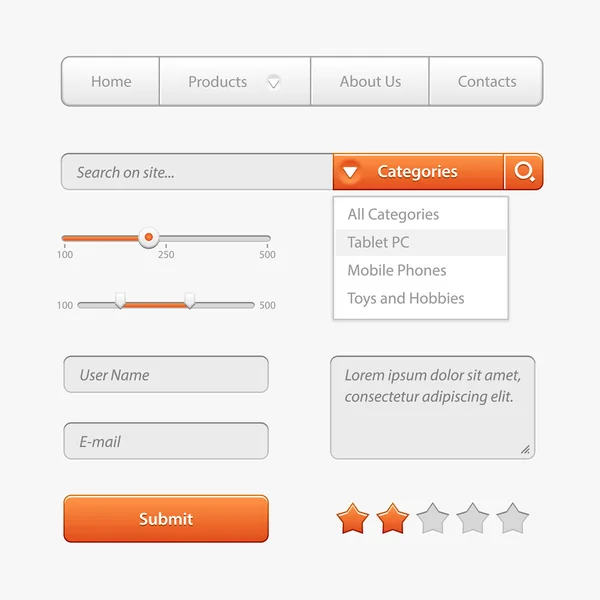 Controles de interfaz de usuario de luz naranja. Elementos Web. Sitio web, interfaz de usuario de software: Botones, Conmutadores, Control deslizante, Flechas, desplegable — Archivo Imágenes Vectoriales