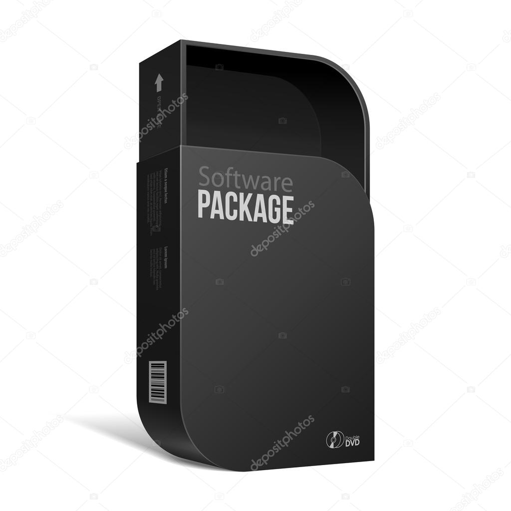 Opened Modern Black Software Package Box With Rounded Corners . With DVD Or CD Disk For Your Product.