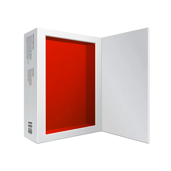 Boîte blanche ouverte de paquet de logiciel moderne rouge à l'intérieur pour le DVD, le disque de CD ou autre votre produit — Image vectorielle