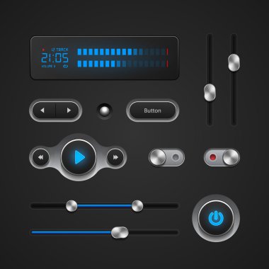 Hi-end kullanıcı arabirimi öğeleri: düğmeler, anahtarlayıcıları, on, off, player, ses, video: play, stop, ileri, Duraklat, Cilt, ekolayzer, güç, ekran, parça