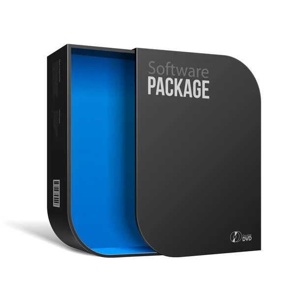 Caixa de pacote de software preto moderno aberto com cantos arredondados azul para dentro. Com DVD ou CD Disk para o seu produto . —  Vetores de Stock