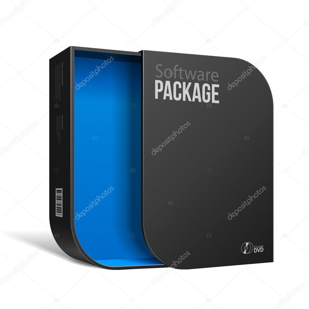 Opened Modern Black Software Package Box With Rounded Corners Blue Inside. With DVD Or CD Disk For Your Product.