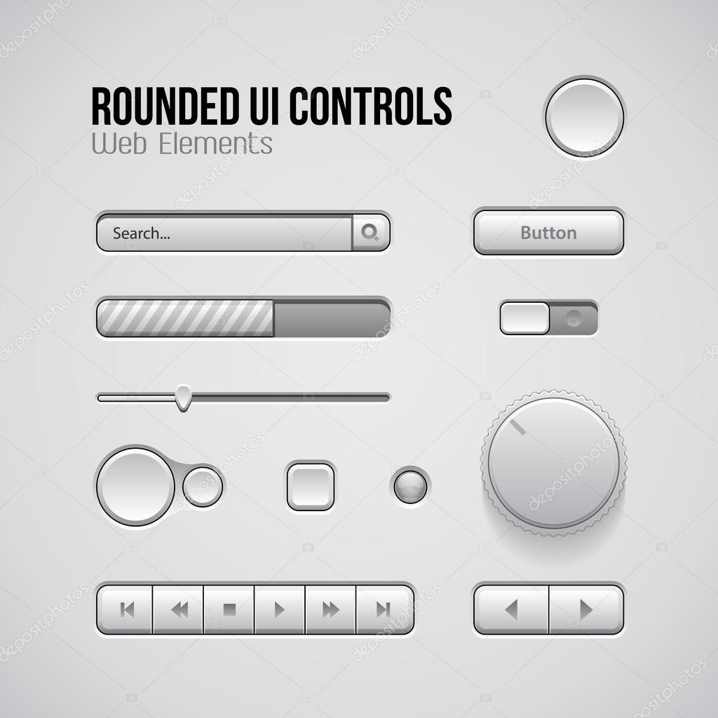 Light UI Controls Web Design Software Elements: Buttons, Switchers, Audio, Video, Joystick, Volume, Knob, Power, Arrows.