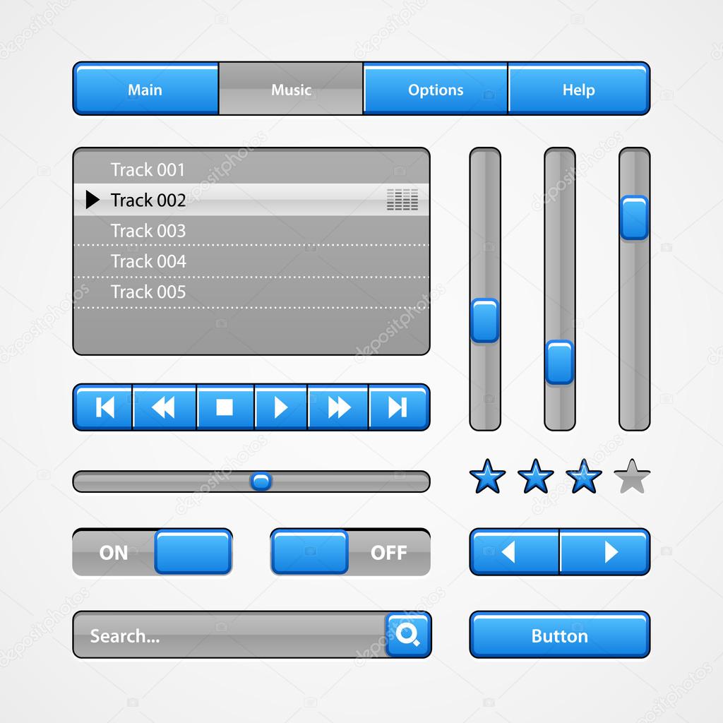Clean Light Blue User Interface Controls. Web Elements. Website, Software UI: Buttons, Switchers, Slider, Arrows, Drop-down